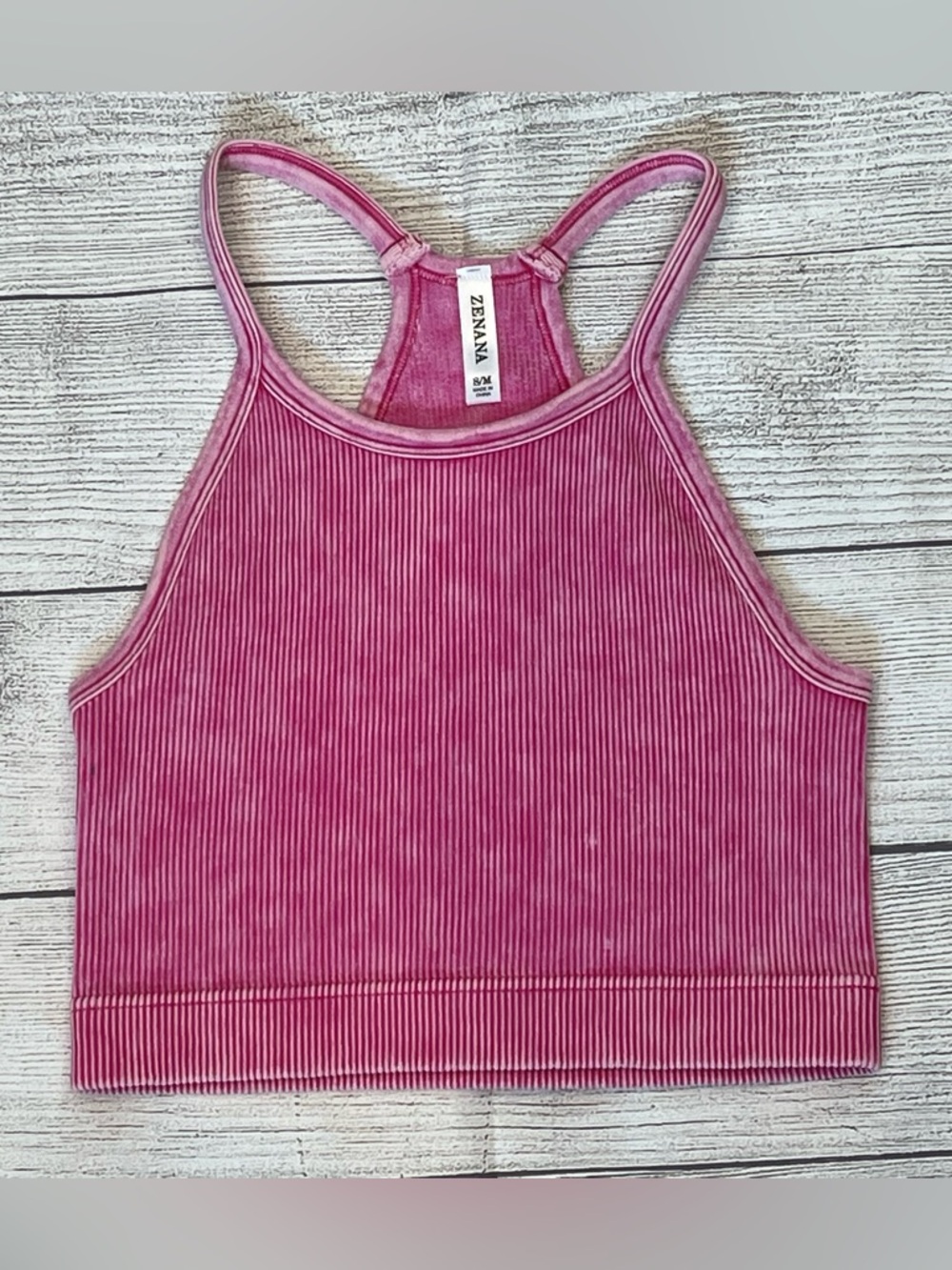 Zenana Pink Mineral Wash Ribbed Racerback Cropped Brami | Size S/M